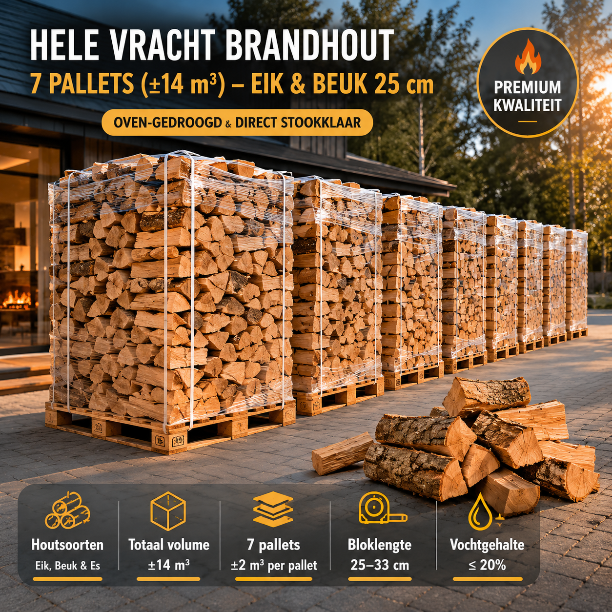 Hele vracht brandhout – 7 pallets (±14 m³)– Eik&Beuk 25 cm